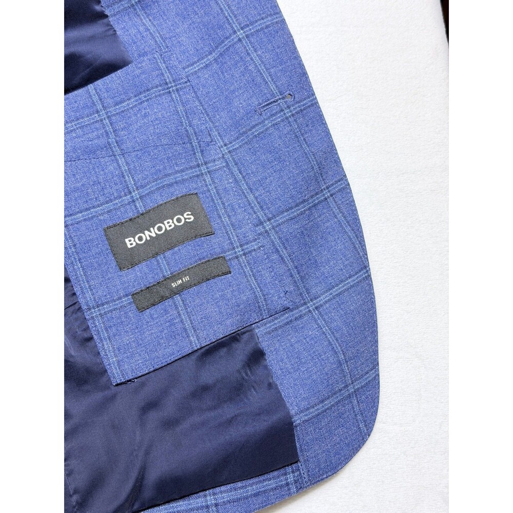 Bonobos Slim Fit Mens Sport Coat Blazer 36R Blue Windowpane Wool Ramie Stretch